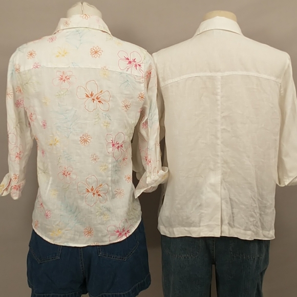 Two 100% Linen Blouses Lightweight White + 3/4 sleeve M Natural Fiber one floral - Picture 5 of 13